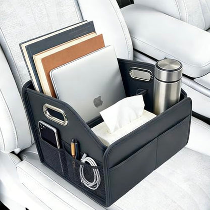 Car Storage Organizer Foldable PU Leather Front Seat Caddy | 12.6 Inch,8 Compartments,Dual Metal Handles,Anti-Slip Straps,For Car Seat & Floor