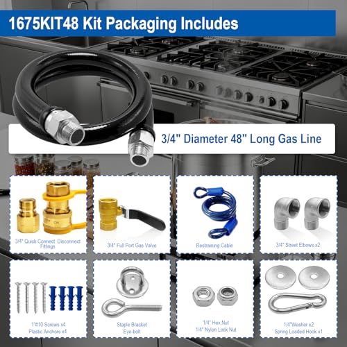 1675KIT48 Safety System Kit, 48" Commercial Gas Hose Connector Kit with 3/4" Quick Disconnect, Flexible Gas Line Hose, Gas Valve & Restraining Cable for Moveable Commercial Kitchen Equipment.