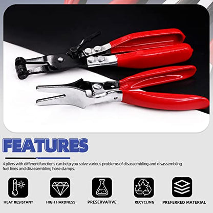 Glarks 4Pcs Fuel Line Pliers Kit Includs 9 Inch Fuel Filter Calipers and Hose Pipe Clamp Clip with Hose Remover Pliers and Flat Band Hose Clamp Pliers for Auto Maintenance