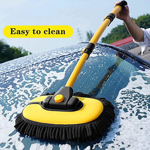 BMLEI Car Wash Brush with Long Handle, Microfiber Towels Car Wash Kit Cleaning Supplies, Car Wash Mop Mitt with 2 Replacement Head , Extension Pole Car Brush Cleaning Kit for Cars Trucks - color: Yellow Mop With Black Washing Cloth