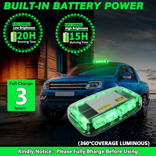 Rechargeable Emergency Roof Top Strobe Light Wireless Battery, 48LED 17 Flashing Modes,High Low Brightness,Hazard Traffic Lights w/Magnetic Base, Remote Control for Construction Vehicles (Green) - color: Green