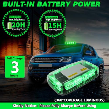 Rechargeable Emergency Roof Top Strobe Light Wireless Battery, 48LED 17 Flashing Modes,High Low Brightness,Hazard Traffic Lights w/Magnetic Base, Remote Control for Construction Vehicles (Green) - color: Green