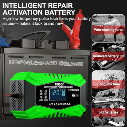 Battery Charger,12-Amp 12V/24V Smart Battery Trickle Charger | Automotive Battery Maintainer Desulfator,with Temperature Compensation,for Car Motorcycle Mower Lead Acid/LiFePO4