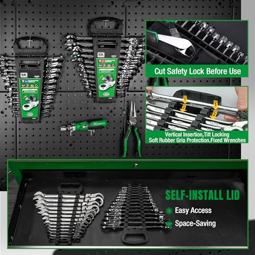 SK Flex-Head Ratcheting Wrench Set, Combination Wrench Set, 25-Piece, SAE 1/4" to 1", Metric 8 to 19mm, 72-Tooth, Premium CR-V Construction, with Rack Organizer - size: Metric&SAE