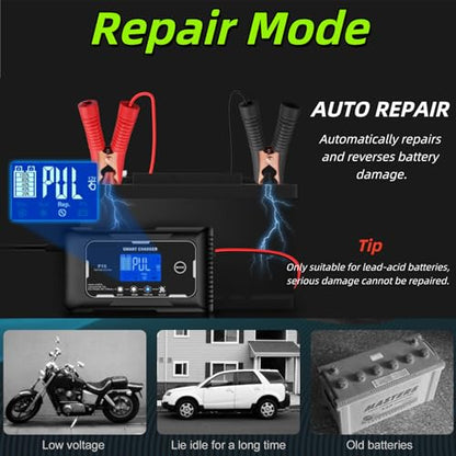 P15 12V/24V 15A Smart Car Battery Charger Maintainer, 9-Stage Charging with LCD Display, Auto Summer/Winter Mode Switching for Lead-Acid AGM Lithium LiFePO4 Batteries