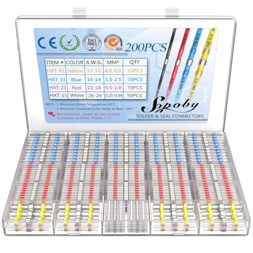 200PCS Solder Seal Wire Connectors - Sopoby Waterproof Solder Butt Connectors Kit - Heat Shrink Insulated Automotive Electrical Wire Terminals - size: 200 pcs