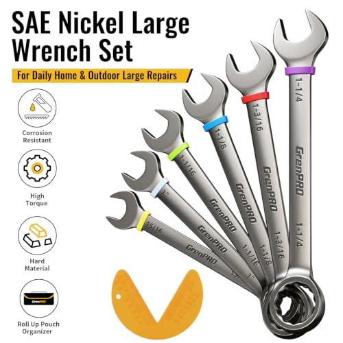 GRENPRO 15/16"-1-1/4" Large SAE Wrench Set, Combination Open End Wrench Set | Color Rings, Roll Up Pouch, Nickel Rust-Proof Coating, CRV Steel, Free Gauge for Quick Size Matching - style: SAE Nickel Wrench Set Large