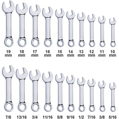 20-Piece Metric and SAE Premium Stubby Combination Wrench Set with Storage Rack | Metric 10mm to 19mm, SAE 5/16” to 7/8”, No Skipped Size | Cr-V Steel, Mirror Chrome Finish, Short Length and Slim Body - size: Metric and SAE Set