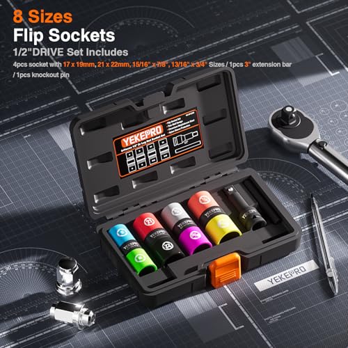 6PCS Lug Nut Socket Set, 1/2" Drive Impact Flip Socket Set | Non-Marring Socket Set, 8 in 1 Dual End Wheel Tire Nut Sockets Metric 17 19 21 22 mm & SAE 3/4" 13/16" 7/8" 15/16"