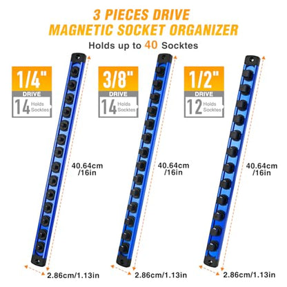 GOOACC Magnetic Socket Organizer 1/4" 3/8" 1/2" Socket Holder Set Heavy Duty Aluminum Socket Rail Organizers for Tool Box Drawer, 3 Pieces Magnetic Socket Rails Hold Up 40 Drive Socket Clips, Blue - size: Rail Magnetic 3PC 1/4"3/8"1/2" Blue