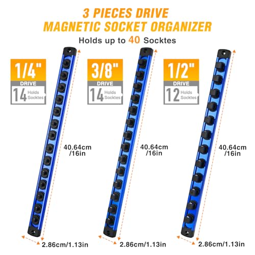 GOOACC Magnetic Socket Organizer 1/4" 3/8" 1/2" Socket Holder Set Heavy Duty Aluminum Socket Rail Organizers for Tool Box Drawer, 3 Pieces Magnetic Socket Rails Hold Up 40 Drive Socket Clips, Blue - size: Rail Magnetic 3PC 1/4"3/8"1/2" Blue
