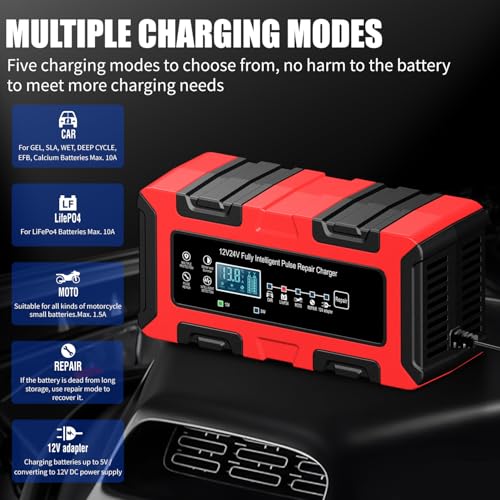 12V/24V 10Amp Smart Car Battery Charger, Automatic Maintainer & Trickle Charger, Desulfator, Temp Compensation, Overcharge Protection for Automobile Truck Motorcycle Boat LiFePO4 AGM Gel STD Batteries