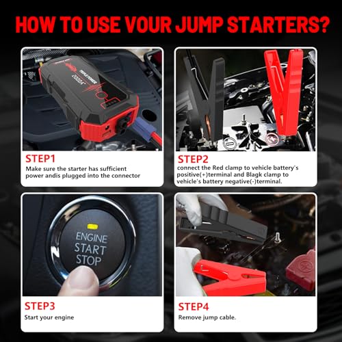 Portable Battery Jumper Starter 2000A Peak 12V Car Jump Starter & Power Booster — 12V Battery Jumper Starter Portable for Up to 6.0 L Gas / 4.0 L Diesel Engines Jump Box with LED Light