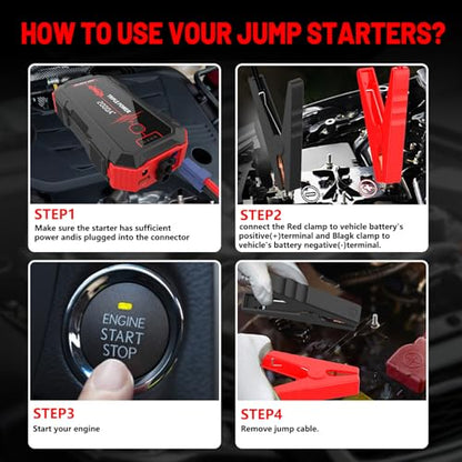 Portable Battery Jumper Starter 2000A Peak 12V Car Jump Starter & Power Booster — 12V Battery Jumper Starter Portable for Up to 6.0 L Gas / 4.0 L Diesel Engines Jump Box with LED Light