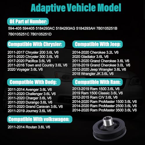 AULINK 594-405 Harmonic Balancer Crankshaft Pulley 3.0L 3.2L 3.6L V6 | For 2011-2020 Chrysler 200 300 Pacifica Voyager,For Dodge Journey Charger Grand Caravan,For Jeep Wrangler,For Ram ProMaster