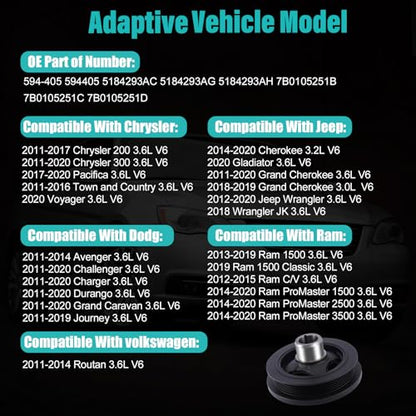 AULINK 594-405 Harmonic Balancer Crankshaft Pulley 3.0L 3.2L 3.6L V6 | For 2011-2020 Chrysler 200 300 Pacifica Voyager,For Dodge Journey Charger Grand Caravan,For Jeep Wrangler,For Ram ProMaster