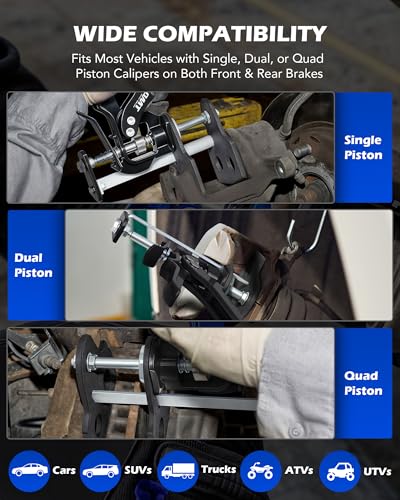OMT Single Dual Quad Piston Brake Caliper Press Tool for Pad Replacement | Car Brake Maintenance; For DIY Mechanics, Fits Most Cars, Trucks, ATVs, UTVs, SUVs, 377 lb Force, Aluminum & Steel - style: Single&Dual&Quad Piston