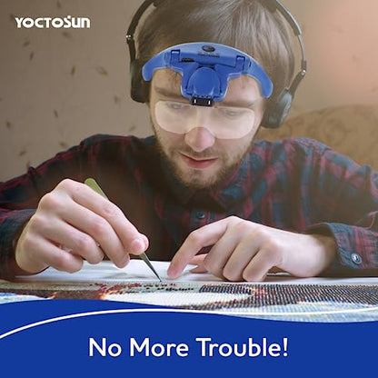 YOCTOSUN Magnifying Glasses with Light, Hands Free Headband Magnifier with 4 LED Lights and 5 Detachable Lenses 1X to 3.5X,Rechargeable Head Magnifier Glasses for Crafts, Hobby, Close Work - color: Deep Blue