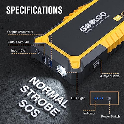 GOOLOO New GP2000 Jump Starter 2000A Car Starter Battery Pack (Up to 8.0L Gas, 6.0L Diesel Engine),12V Car Battery Charger Jumper Starter, Supersafe Portable Lithium Jump Box with USB Quick Charge - color: Yellow