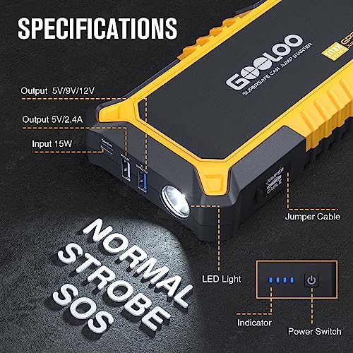 GOOLOO New GP2000 Jump Starter 2000A Car Starter Battery Pack (Up to 8.0L Gas, 6.0L Diesel Engine),12V Car Battery Charger Jumper Starter, Supersafe Portable Lithium Jump Box with USB Quick Charge - color: Yellow