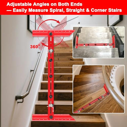 Stair Tread Template Tool – Stair Tread Gauge Jig, Aluminum Alloy Measuring and Scribe Tool for Accurate Angle, Depth, and Length Measurement of Stairs, Risers, and Partitions - color: FullRed