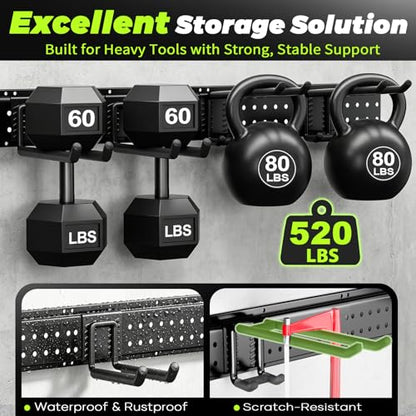 Garage Tool Organizer Wall Mount, 66 Inch Heavy Duty Garage Organization System with 13 Adjustable Hooks, Garden Tool Storage Rack for Garage, Yard & Shed, Holds Up to 520 lbs - size: 66" | 4 Panels + 13 Hooks