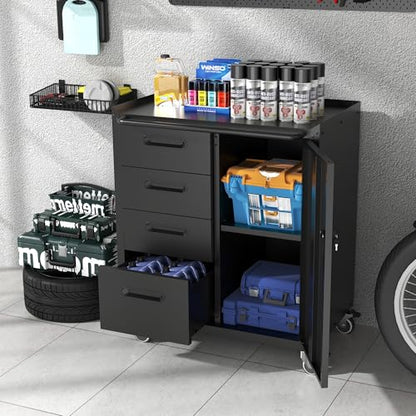 Metal Storage Cabinet for Garage, Tool Cabinet, Utility Cabinet | Wheeled, Rolling Tool Cabinet, 4 Drawers, 1 Door Lockable, Top Countertop, Assembly Required, Black - color: Black