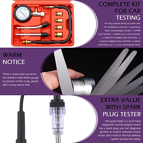 Swpeet 10Pcs Automotive Compression Tester Kit and Spark Plug Tester with Steel Metric and Imperial Feeler Gauge Assortment Kit, Universal Car and Motorcycle Engine Testing Tools