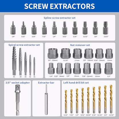 40 pcs Bolt Extractor Set, Screw Extractor, hub nut Removal Tool with Left-Hand Drill bit, HSS Cobalt Drill bit, Easy Screw Removal Tool Set for Damaged, Frozen, Broken, Rusty Screws and Bolts - size: 40