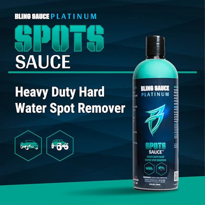 Bling Sauce Platinum Spots Sauce, Heavy-Duty Hard Water Spot Remover for Cars, Trucks, SUVs, 24oz. | Heavy duty mineral deposit remover clings to glass, chrome, paint and polished metal to dissolve hard water spots safely - style: Spots Sauce