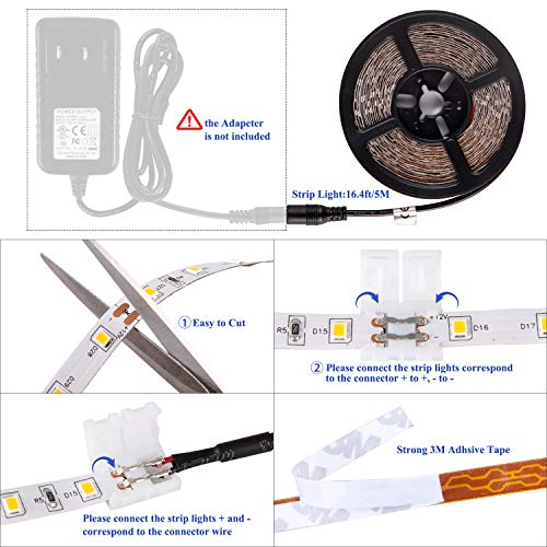 Daylight White LED Strip Lights, 12V16.4ft 300LEDS Flexible Tape Light for Hallway, Staircase, Bookshelf, Under Cabinet, Non Waterproof, Not Include Power Adapter - color: Daylight White Without Adapter