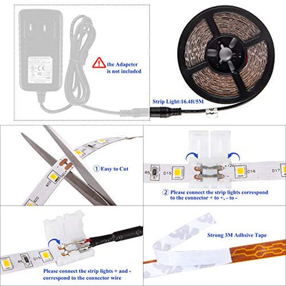 Daylight White LED Strip Lights, 12V16.4ft 300LEDS Flexible Tape Light for Hallway, Staircase, Bookshelf, Under Cabinet, Non Waterproof, Not Include Power Adapter - color: Daylight White Without Adapter