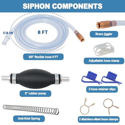 Siphon Hose for Gasoline, 8 Ft 5/8 Inch Hand Siphon Pump Kit with Rubber Pump, Brass Jiggler, Anti-Kink Spring and Shut-Off Clip for Gas, Diesel & Water Transfer - size: 5/8" Siphon Hose Kit