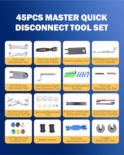 45pcs Master Quick Disconnect Tool Set Fuel Line Disconnect Tool Kit for Automotive A/C Fuel & Transmission Systems, Fuel Line Removal and Separator Tool Compatible with GM Ford Chrysler