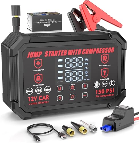 Jump Starter with Air Compressor, 4000A Peak Portable Car Battery Jumper Starter with 150PSI Auto-Shutoff Tire Inflator, 12V Car Jump Box with LED Light&LED Display All Gas /10L Diesel,Motorcycle