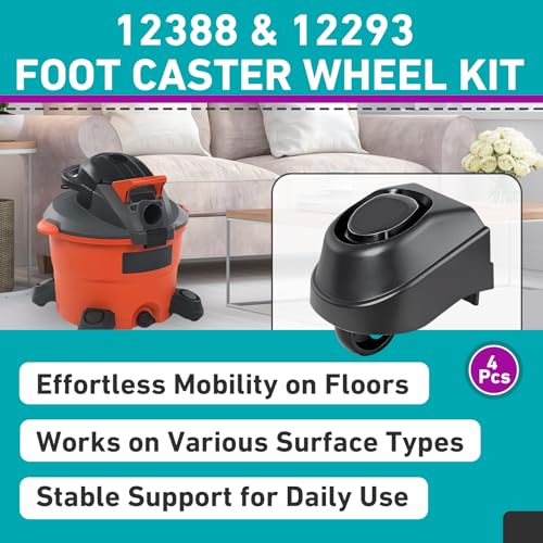 4 Pcs 12388 Foot Caster & 12293 Caster Wheel Compatible with Ridgid 6 to 16 | Fits WD16650M WD06350 WD1635M WD1245M Etc, Smooth Rolling, Rugged Heavy-Duty Workshop Casters, Tool-Free Quick Installation
