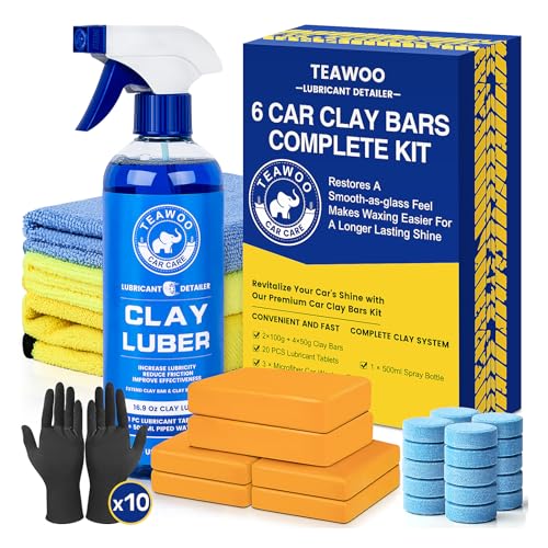 TEAWOO Clay Bars Kit, 6 Clay Bars & 20 PCS Lubricant Tablets, Complete Car Detailing Kit, Spray Bottle, Disposable Gloves and Microfiber Towels for Car Detailing Cleaning - size: 6 count