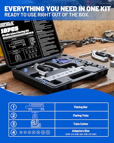 Brake Line Flaring Tool Kit - 45° SAE Double & Single Flare Tool with Pipe Cutter & 7 Adapters, Professional Brake Line Repair Kit for Automotive Brake & HVAC Lines