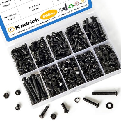 Kadrick 595Pcs M4 Screw Assortment,Machine Screws with Nuts Washers, Grade 10.9 Alloy Steel Hex Socket Button Head Black M4 Bolts Kit,Lenth Form 6mm-30mm - size: M4 600Pcs 6-30mm
