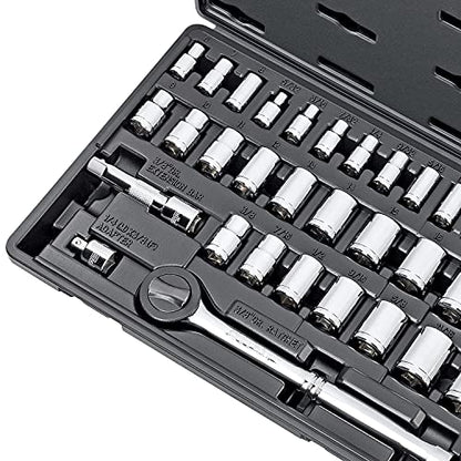 Carbyne 34-Piece 1/4 and 3/8 in. Drive Socket and Ratchet Set, SAE and Metric, CrV Steel, 72-Tooth Ratchets, 6 and 12 Point Sockets, Compact Storage Case