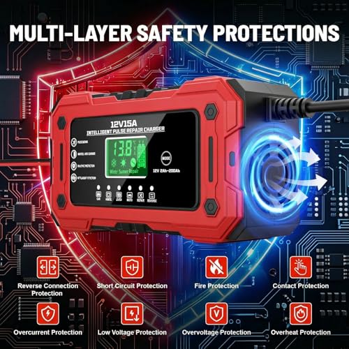 Car Battery Charger 12V 15A Smart Trickle Charger Fully Automatic | Battery Maintainer with Temperature Compensation LCD Display 8-Layer Protection for Car Truck Motorcycle Lawn Mower Boat - color: Red