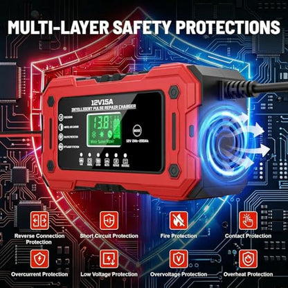 Car Battery Charger 12V 15A Smart Trickle Charger Fully Automatic | Battery Maintainer with Temperature Compensation LCD Display 8-Layer Protection for Car Truck Motorcycle Lawn Mower Boat - color: Red