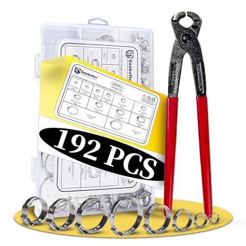 192 Pcs 12 Sizes Single Ear Hose Clamps, 5.3-33.1mm 304 Stainless Steel Ear Clamp Kit with Ear Clamp Pliers, Heavy Duty Hose Clamps Assortment for Radiator Plumbing Automotive