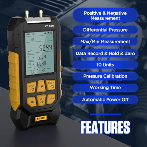 AUTOOL Manometer Gas Pressure Tester,Digital Manometer HVAC,10 Units Differential Dual Port Pressure Gauge -100 to 200Kpa,Data Zeroing with Backlight LCD Display
