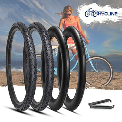 Hycline 2-Pack Cruiser Bike Tires Set: 24/26x2.125 inch Folding Replacement High-Performance Wear-Resistant Tires with Inner Tubes & Tire Levers for Beach & Urban Commuter Bikes - color: Black Set-26x2.125
