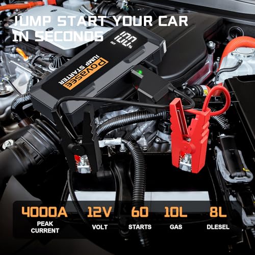 Povasee 4000A Jump Starter 12V Battery Jumper Starter(10L Gas 10L Diesel Engine),Car Battery Jump Starter with 3" LCD Display, Power Bank/Dual Output/LED Light - style: A20