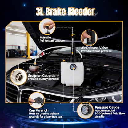 3L Brake Bleeder Kit, Manual Brake Fluid Bleeder Kit with 1L Waste Bottle | 43.5/45/49.5/50.7mm 4 Master Cylinders Adapters and Fluid Dropper, Suitable for Most Vehicles