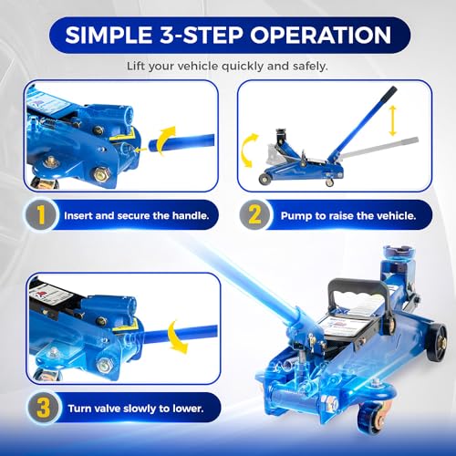 Hantec - 2 Ton Hydraulic Floor Jack - Trolley Lift with Safety Valve, Swivel Wheels, and Hard Carrying Case - 4,400 lbs Capacity - Blue