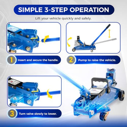 Hantec - 2 Ton Hydraulic Floor Jack - Trolley Lift with Safety Valve, Swivel Wheels, and Hard Carrying Case - 4,400 lbs Capacity - Blue