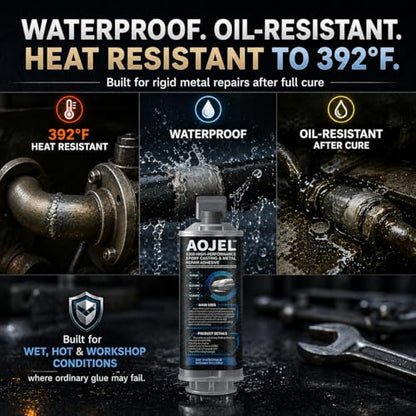 Metal Epoxy Repair System for Aluminum & Metal, 2-Part Cold Weld Load-Bearing Waterproof, Oil & Heat Resistant 392°F, Drillable Sandable Paintable, 30-Min Working Time 1.69 oz